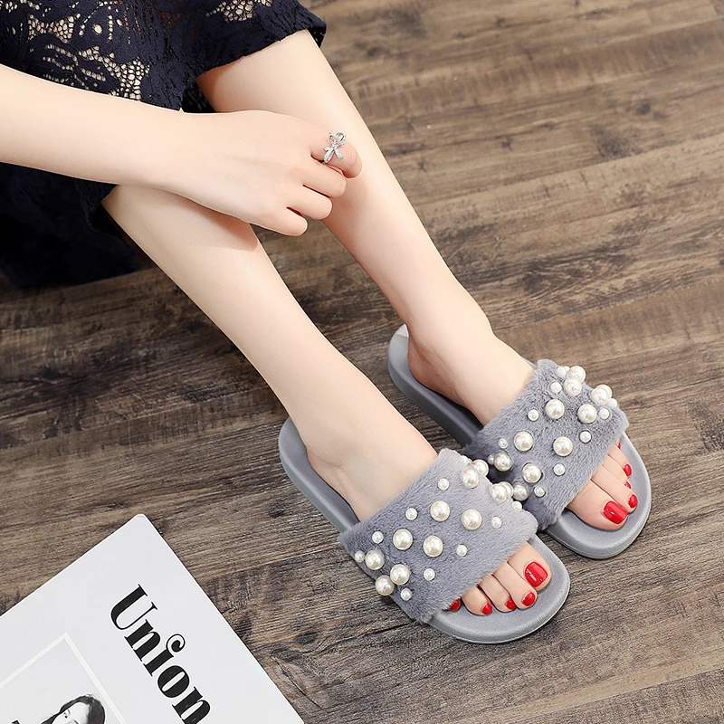 

2019 Solid Color Women Cotton Home Shoes Plush Slippers For Ladies Pearl Faux Fur Flat Comfort Indoor Warm Casual Shoes