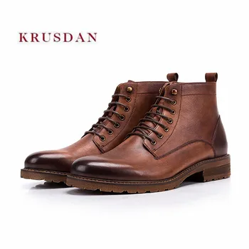 

KRUSDAN Fashion Winter Short Riding Men Boots Brown Genuine Leather Ankle Boots Lace Up Shoes Men Casual Retro Motorcycle Flats