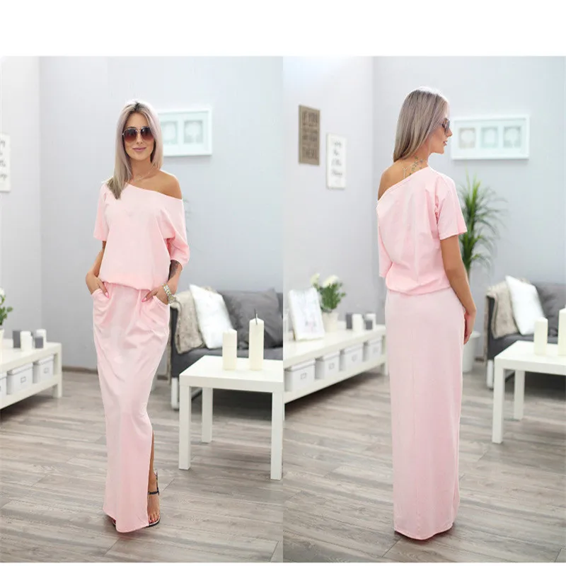 Dress Long Half Sleeve Slash Neck Off Shoulder Sexy Summer Loose Casual Solid Color Ankle-length Straight Dresses Vestidos