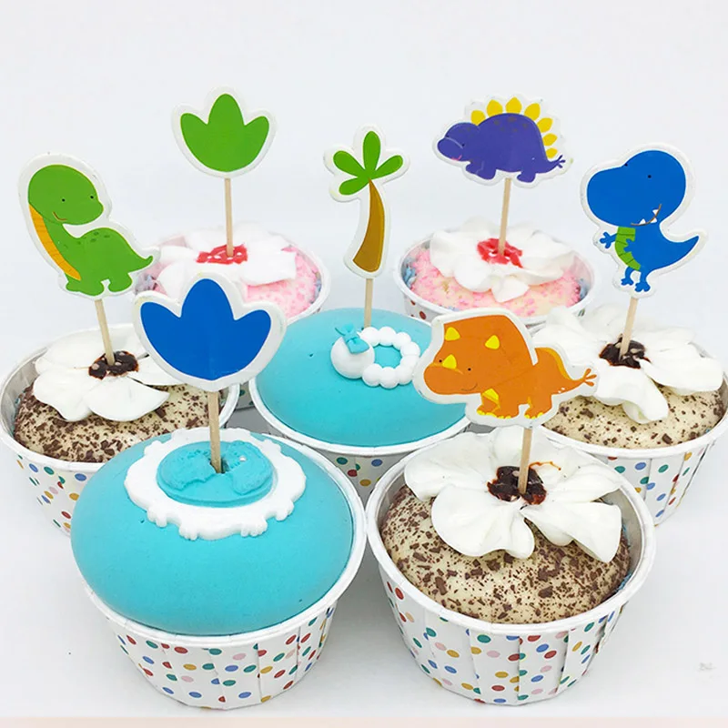 

48pcs/lot Cute Tropical Rainforest Dinosaur cupcake toppers for kids birthday decoration party supplies cake toppers picks