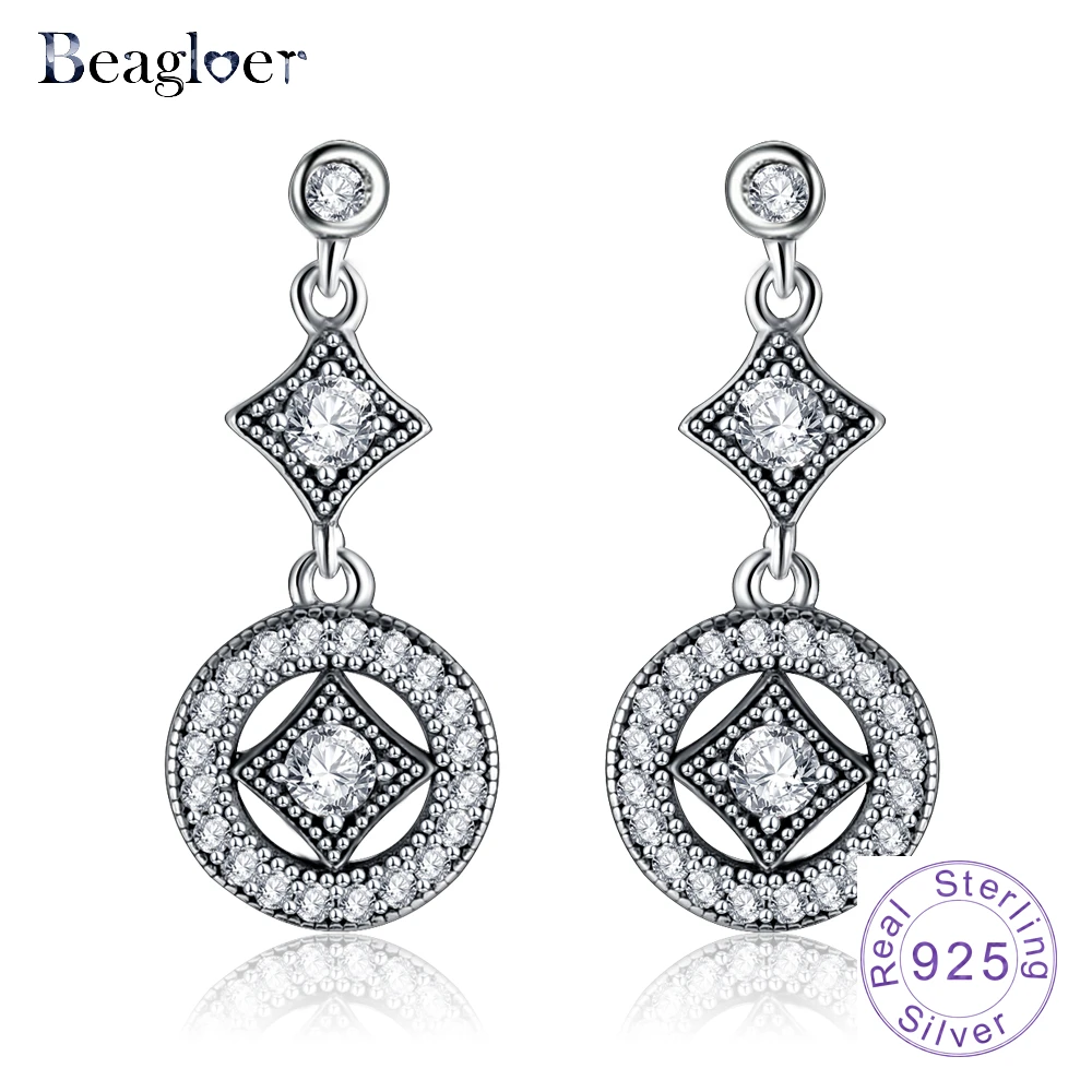 Beagloer Hot Sale 925 Sterling Silver Vintage Allure Drop Earrings With Clear CZ For Women Trendy Jewelry Gift PSER0064-B | Украшения и
