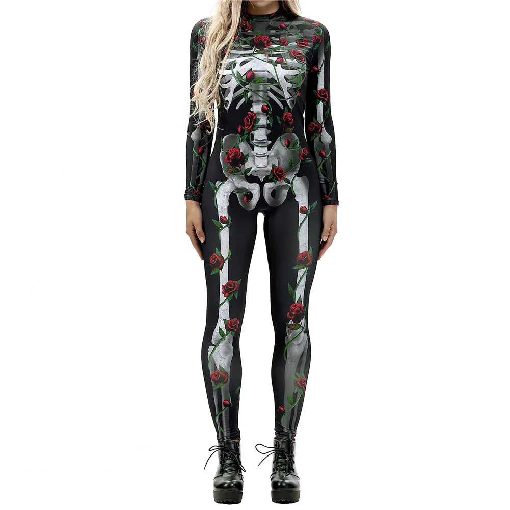 Винтажный страшный костюм скелета, Забавный комбинезон, обтягивающий комбинезон с длинным рукавом, боди с 3D принтом черепа, зомби, костюм для костюмированой вечеринки на Хэллоуин