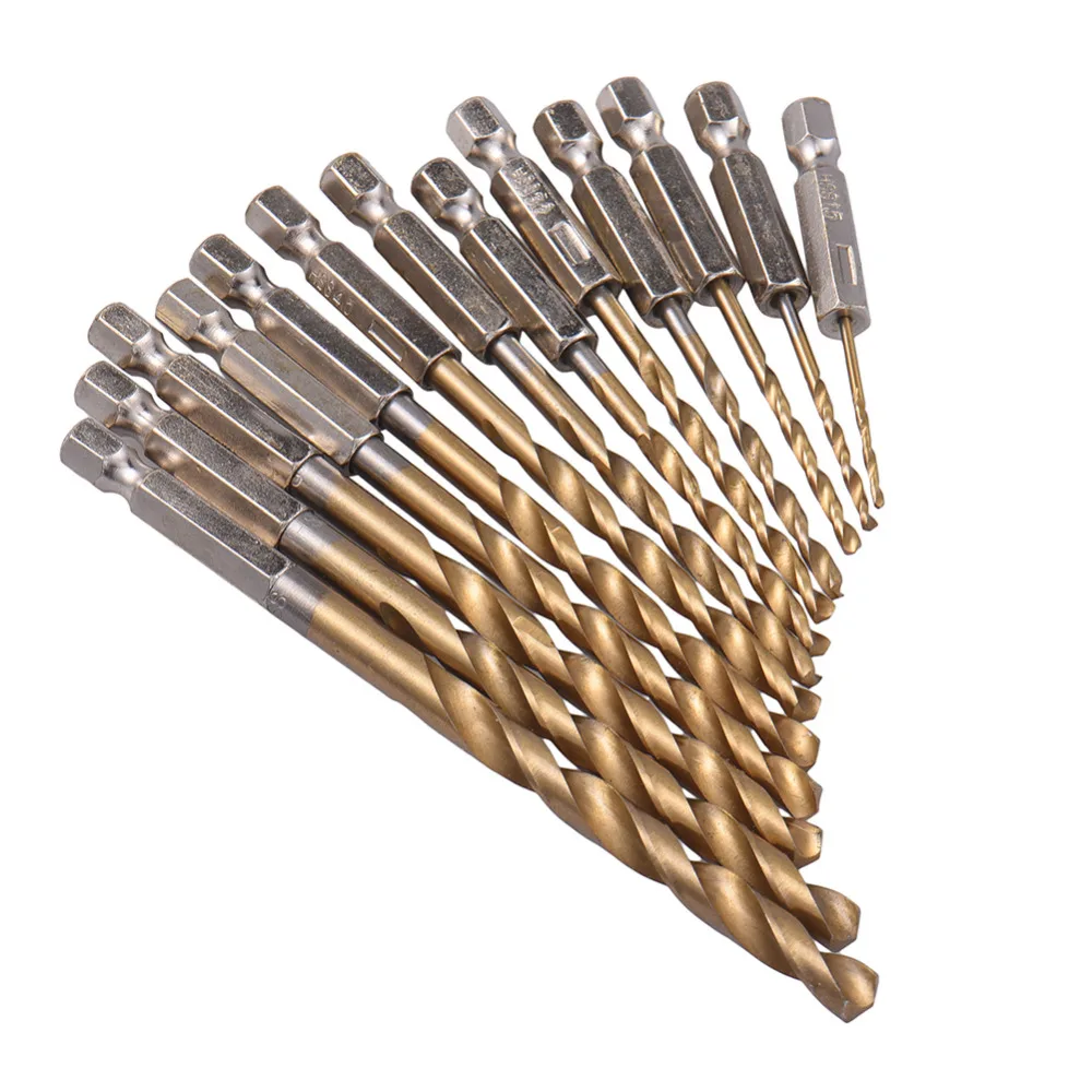 13pcs/lot HSS High Speed Steel Titanium Coated Drill Bit Set 1/4 Hex Shank 1.5-6.5mm