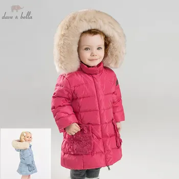 

DB8578 dave bella winter baby girls down jacket children white duck down padded coat kids hooded outerwear with big fur
