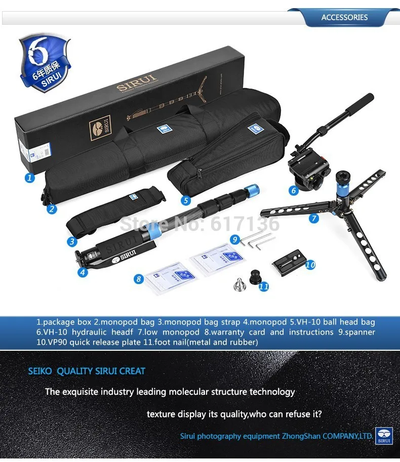 

P-324S P324S Monopod Vh10 Hydraulic Head Portable Multi-Functional Carbon Fiber Tripod 4 Section Carrying Bag Load 10kg Sirui