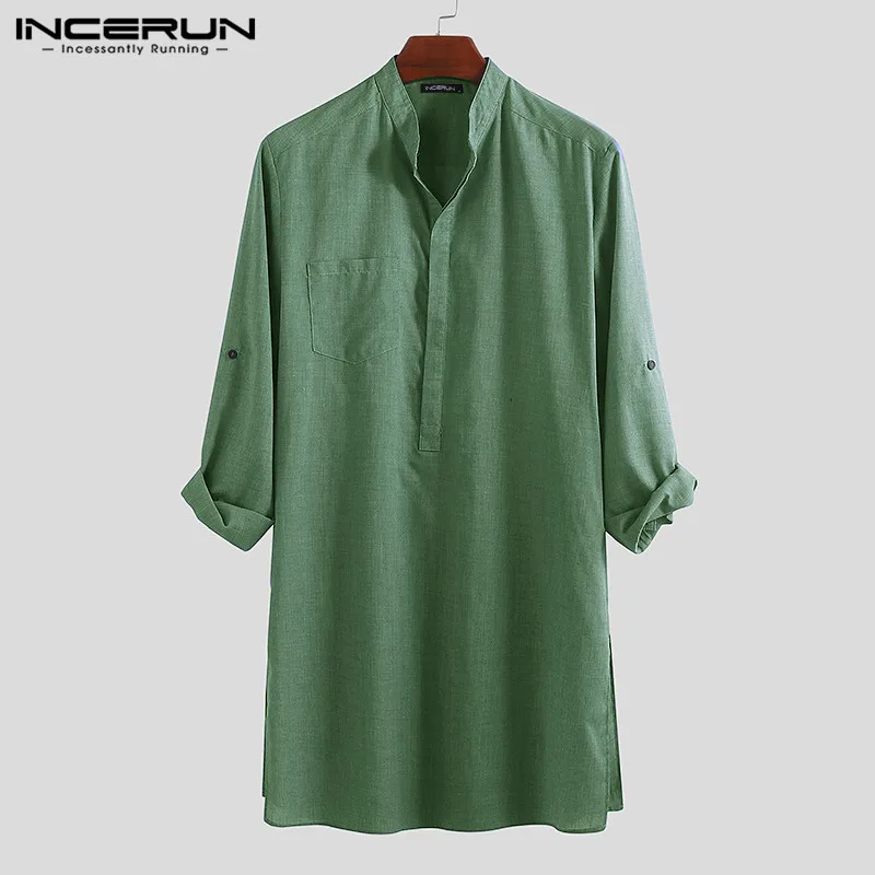 INCERUN, винтажные мужские рубашки с длинным рукавом, стоячий воротник, одноцветные повседневные топы, Camisa, свободные мужские длинные рубашки, одежда для отдыха, S-5XL - Цвет: Green Shirt