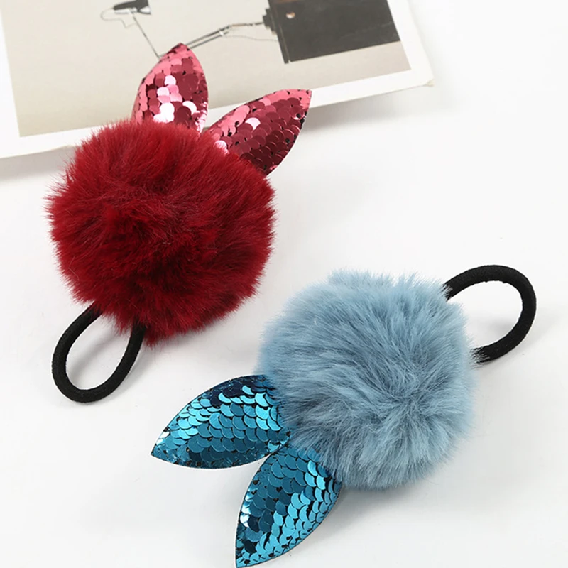 

Sequins Rabbit Pom Pom Ball Hair Ties Elastic Hair Bands Girls Hair Rope Gum Women Ponytail Holder Hair Accessories