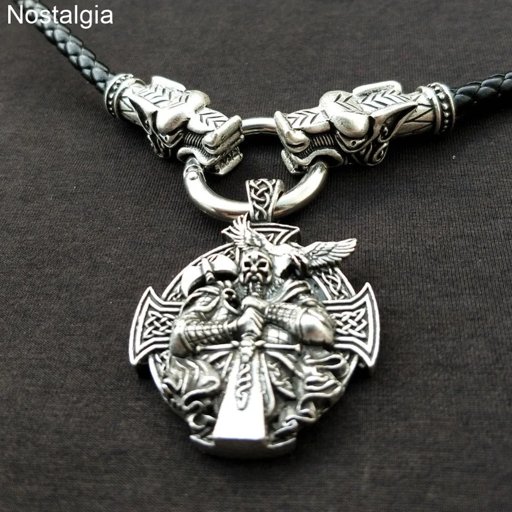 

Nostalgia Odin Axe And Raven Talisman Viking Cross Helena Rosova Dragon Heads Leather Chain Necklace Wicca Pagan Jewelry Amulet