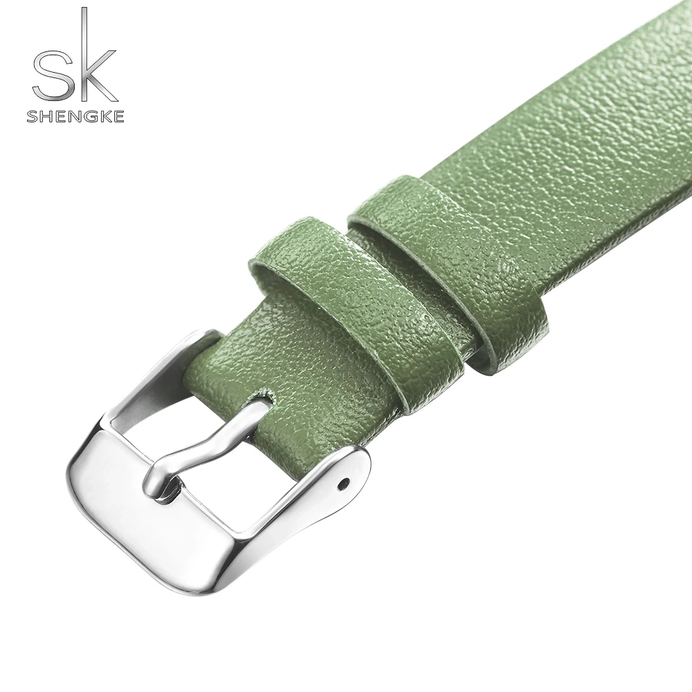 Goede Shengke Mode Nieuwe Vrouwen Horloge Green Dial Slanke Lederen Band Quartz Horloges Eenvoudig Ontwerp Ultra Dunne Case Zegarek Damski