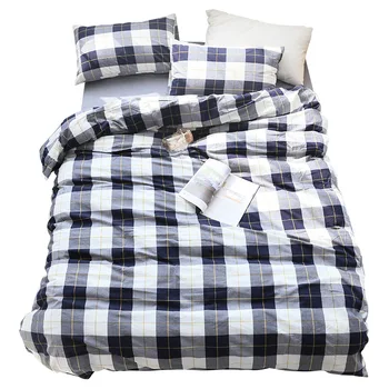 

New Product Bedding Sets 4 pcs 100% Washed Cotton Plaid Stripe Printed Duvet Cover Sets Luxury Bed Linens Flat Sheet pillowcases
