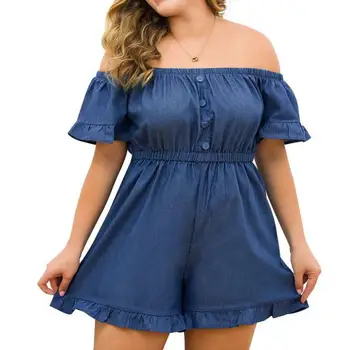 

Women Denim Blue Casual Playsuits Loose Solid Color Slash Neck Sexy Plus Size Summer Short Sleeves Jumpsuits Large Size Rompers