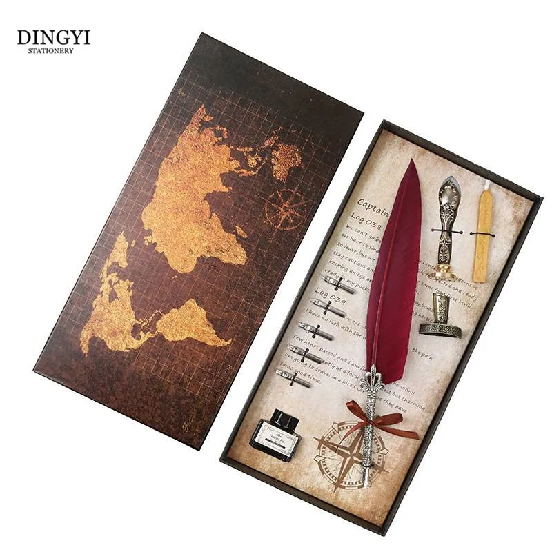 

Antique Classical Fountain Pen Feather Dip Pen Ink Bottle Metal Sealing Wax Stamps Pen Holder for Envelope Wedding Gift Box