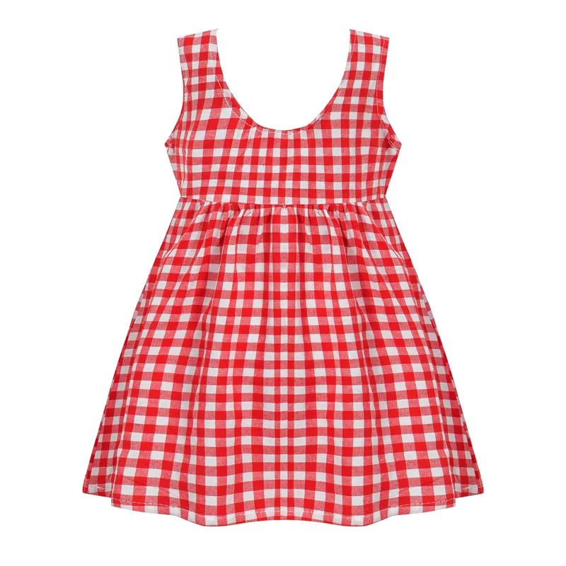 

2019 Spring Summer New Girls Garden Casual Red White Plaid Camisole Bow Dress 1-7Y
