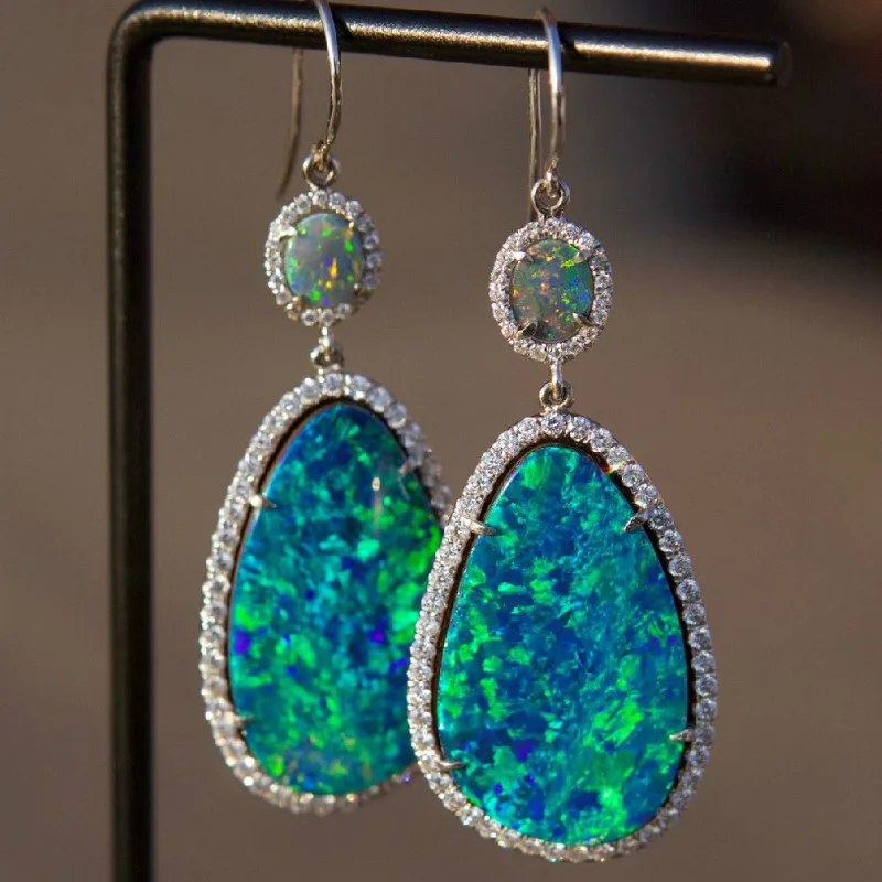 

1 Pair of Fashion Natural Opal Stone Silver Pendant Earrings Blue Bohemian Pendant Earrings Women Jewelry Gifts