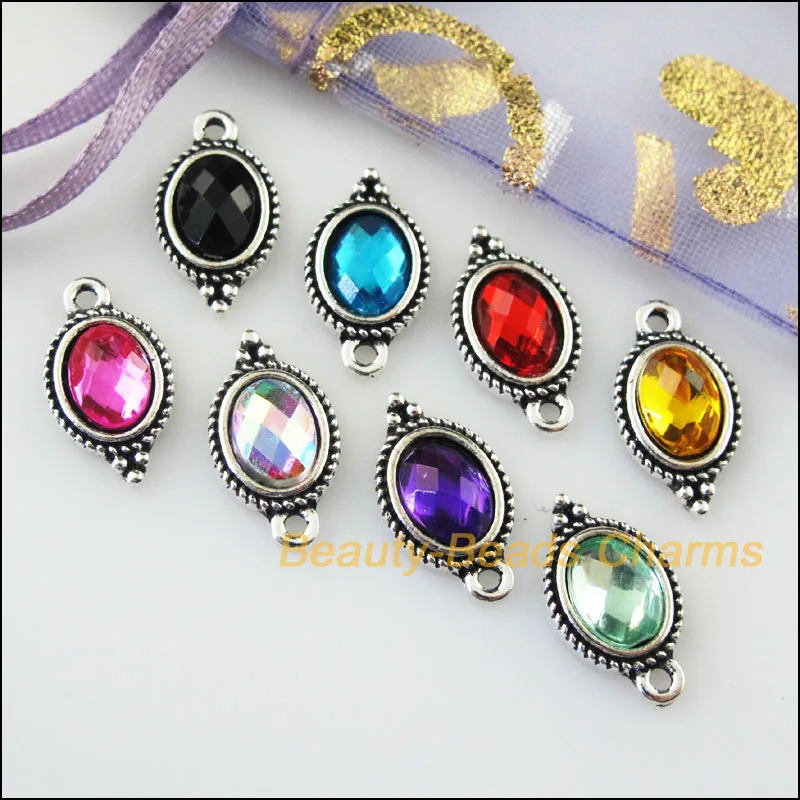 

New 16Pcs Mixed Retro Tibetan Silver Color Acrylic Oval Charms Pendants 9x16.5mm