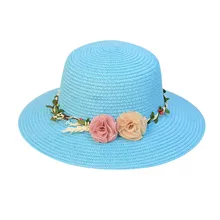 Женская пляжная соломенная шляпа Jazz Sunshade Панама шляпа Федора с двумя цветочными шапками Женская широкополая Панама s#3