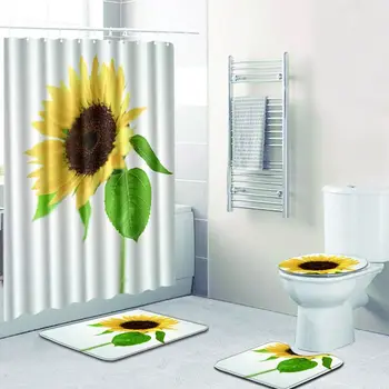 

Sunflower Bath Mat Set Dropshipping 4pcs Bathroom Shower Curtain and Rug Sets Toilet Mat in Toilet Seat Covers Green Foot Pads