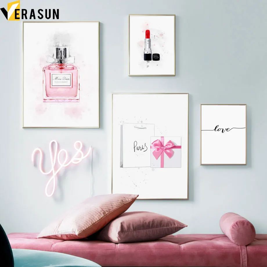 

Pink Paris Perfume Lipstick Love Quotes Wall Art Canvas Painting Nordic Posters And Prints Wall Pictures For Living Room Decor