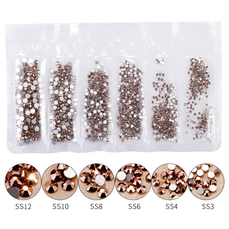  1440pcs Rose Gold Shiny Rhinestone for Nail AB Color SS3-12 Glass Crystal Diamond Flat Back 3D Nail