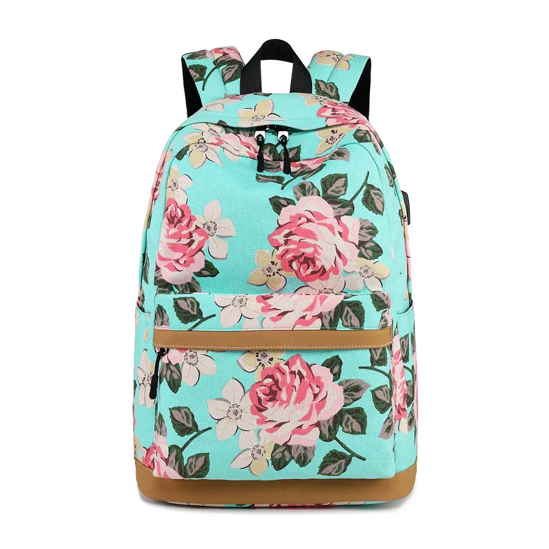 Зарядка через usb женский рюкзак с принтом маленькие свежие школьные сумки ноутбук женский рюкзак большой емкости дорожная сумка mochila - Цвет: green