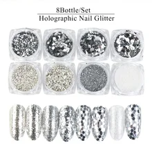 8 коробок/набор голографическая блестка для ногтей блестка Смешанная форма серебристая пудра для ногтей хлопья УФ гель лак для ногтей декор для ногтей LA1506-12A