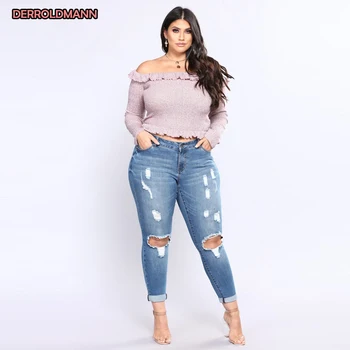 

Jeans Woman Plus Size Elastic Broken Pants Ripped Denim Torn Pants Slim Rivets Denim Boyfriend Jeans for Women