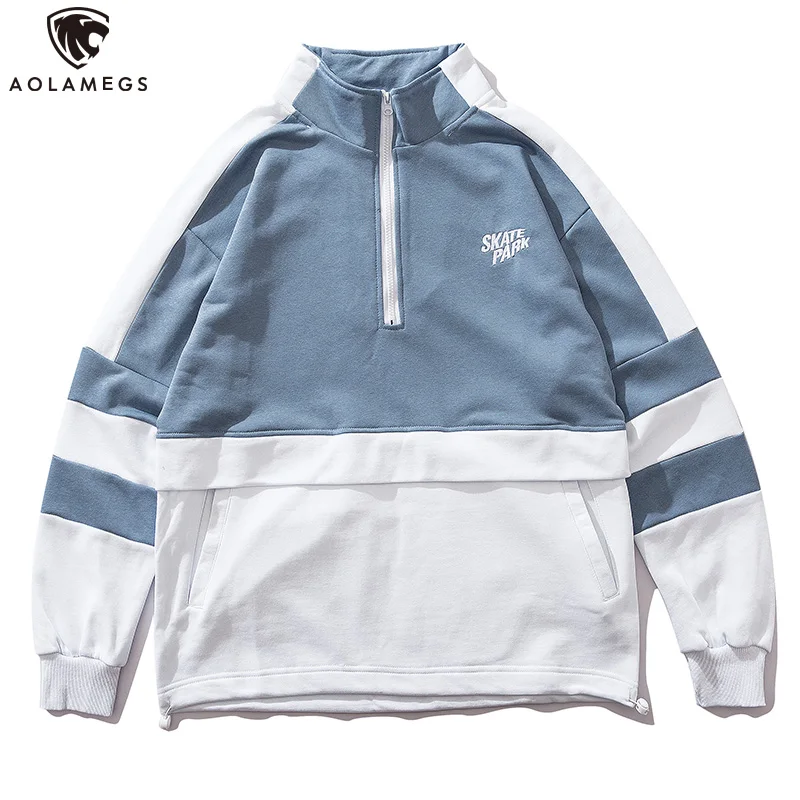 

Aolamegs Sweatshirt Men Multi-Color Patchwork Pullover Harajuku Style Casual Half Zipper Drawstring Men High Street Sweatshirt