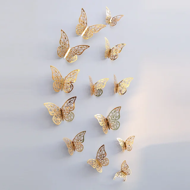 12Pcs 3D Hollow Butterfly Wall Sticker For Home Decoration DIY Wall Stickers For Kids Rooms Party Wedding Decor Butterfly Fridge gold3