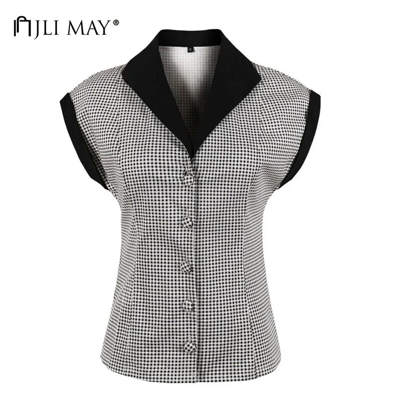 

JLI MAY Summer women plaid blouse shirt cotton turn-down collar patchwork short sleeve retro elegant office work ladies blouses