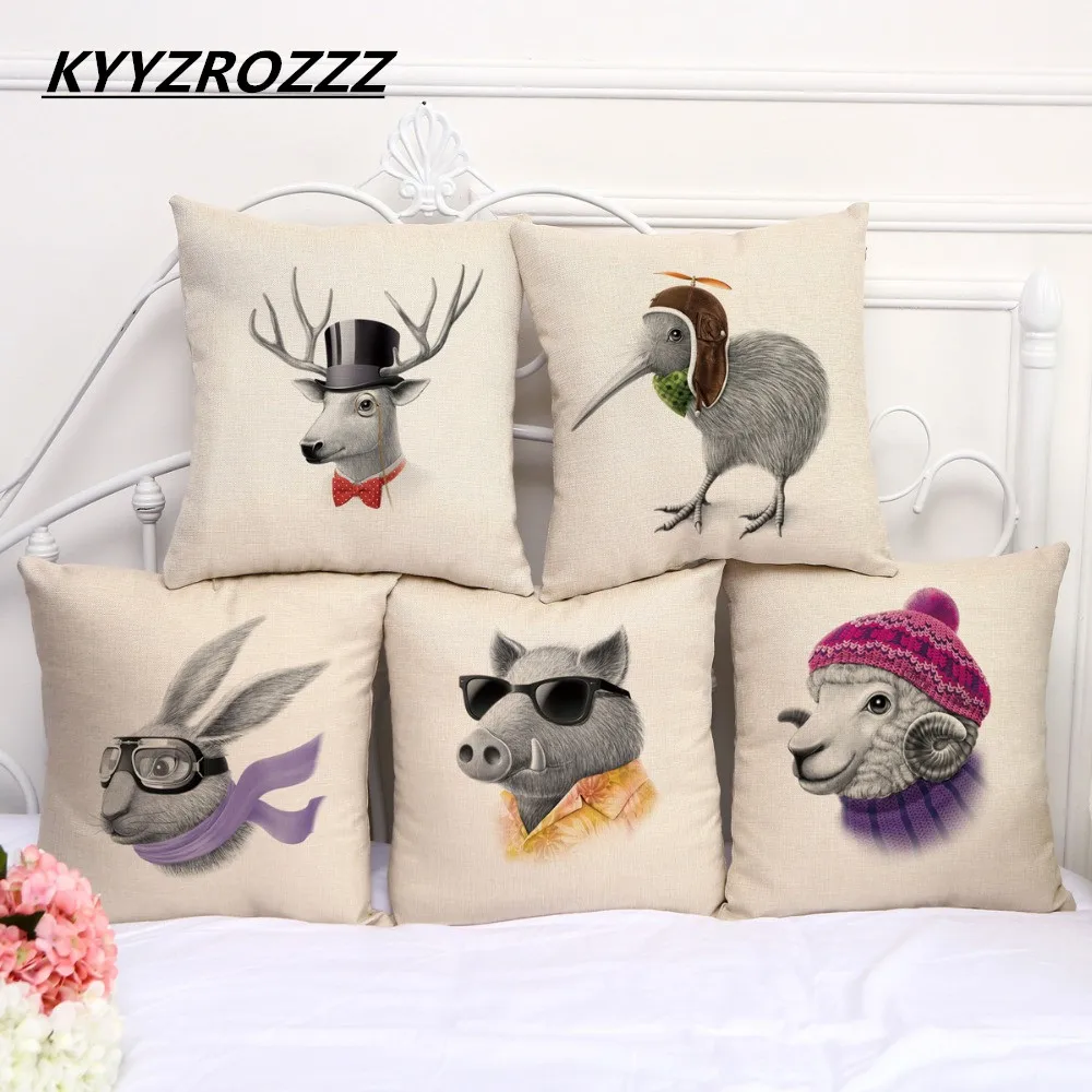 

45x45cm Real High Quality Linen Animal Rabbit Boar Printed Decorative Cushion Cover Throw Pillow Case Chair Seat Pillowcases