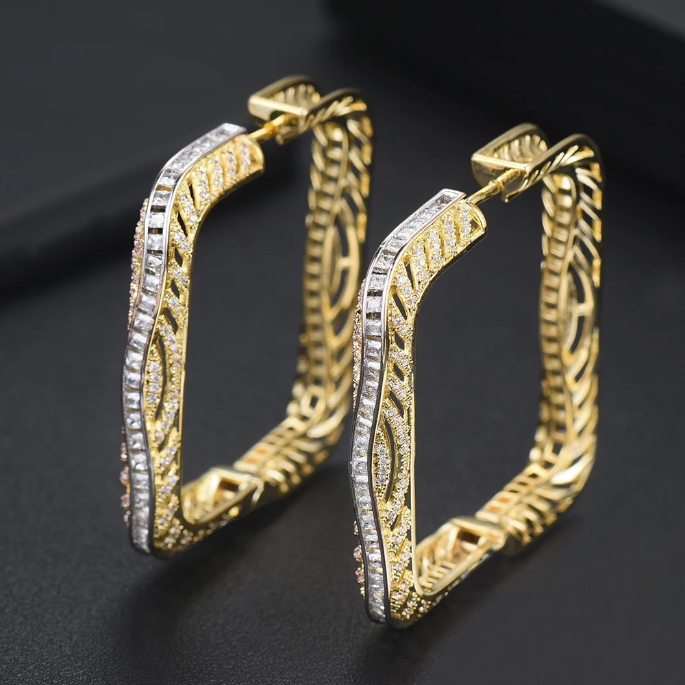 

GODKI Trendy Luxury Square 3tone Cubic Zircon Statement Big Hoop Earrings For Women Wedding DUBAI Bridal Hoop Earrings 2018