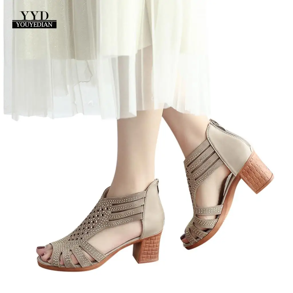 Spring Summer Ladies High Heels Women Sandals Fashion Fish Mouth Hollow Roma Shoes Zapatos,Beige,6