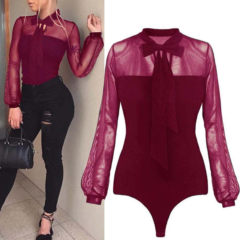 Women Sexy Lace Mesh Blouse Bodysuit Woman Long Sleeve Spring Clothing Wear Transparent Bow Tie Romper Elegant Blouse Bodysuits