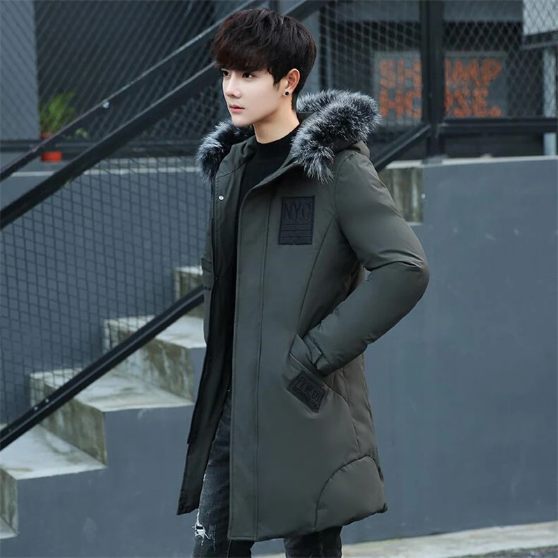 Men's Long Parka Jacket Winter Warm Fur Collar Hooded Black Coat Parkas Overcoat Men Long Sleeve Jacket Male Clothing Plus Size