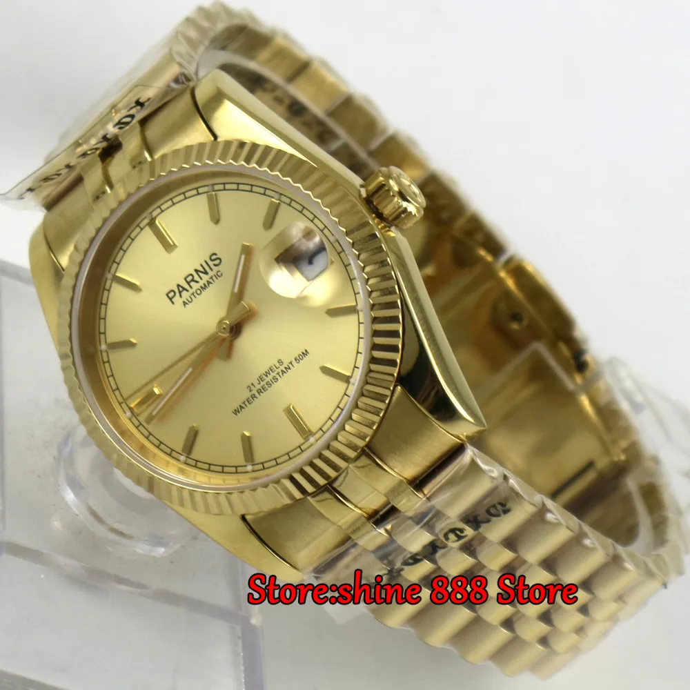 Роскошные 36 мм Parnis желтое золото циферблат Datejust Miyota 8215 автоматические мужские часы