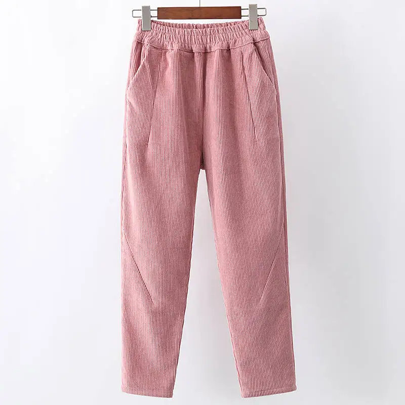 Белые Вельветовые женские брюки с эластичной резинкой на талии, женские брюки размера плюс, зимние женские повседневные штаны-шаровары, вельветовые брюки C5580 - Цвет: pink