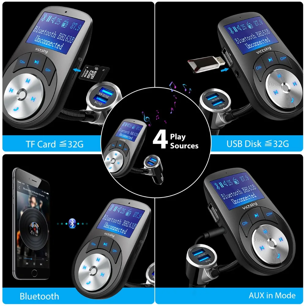 VicTsing New Bluetooth Transmitter Wireless Hand-free Car Kit MP3 Auto Player With Large ScreenDual USB PortsTF Card Slot (4)