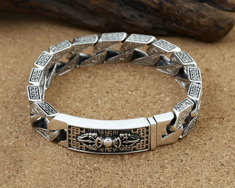 925 пробы серебряный браслет для мужчин ретро шесть слов шириной 13 мм мужские браслеты тяжелое тайское модное серебро ювелирные изделия