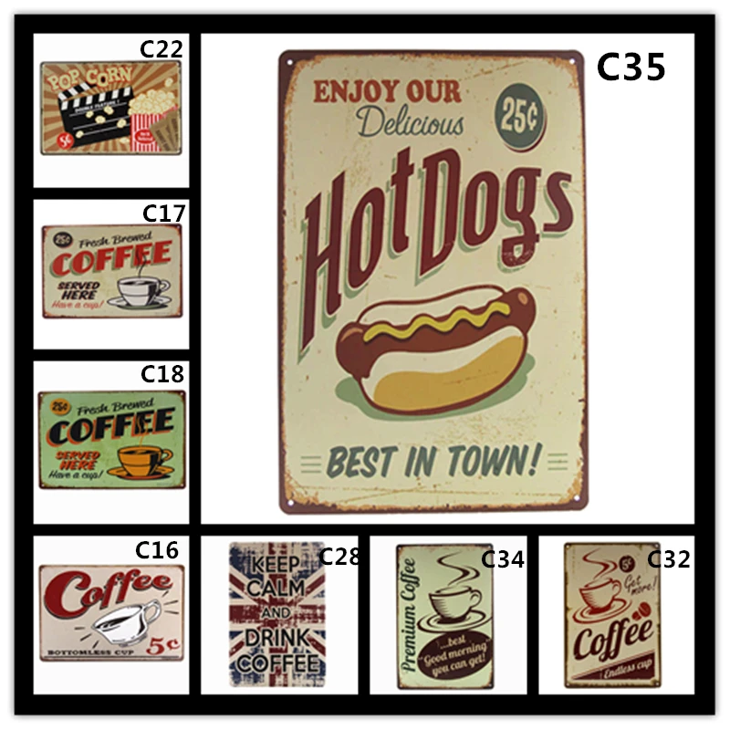 

Retro Coffee Poster Hot Dog For Bar Coffee Shop Metal Poster Vintage Metal Tin signs POP Corn Home Wall Sticker Decor