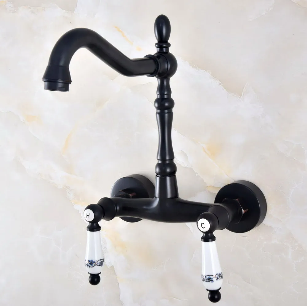 

Kitchen Wet Bar Bathroom Vessel Sink Faucet Black Oil Rubbed Brass Wall Mounted Swivel Spout Mixer Tap Dual Ceramic Lever mnf826