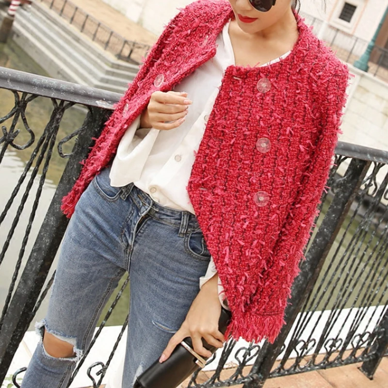 price cut  New women's spring red fringed tweed - breasted jacket female coat