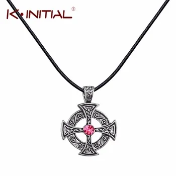 1Pcs Tibetan Silver Plated Solar Cross Knot Religious Christian Irish Druid Pendant Black Leather Necklace For Women Necklaces