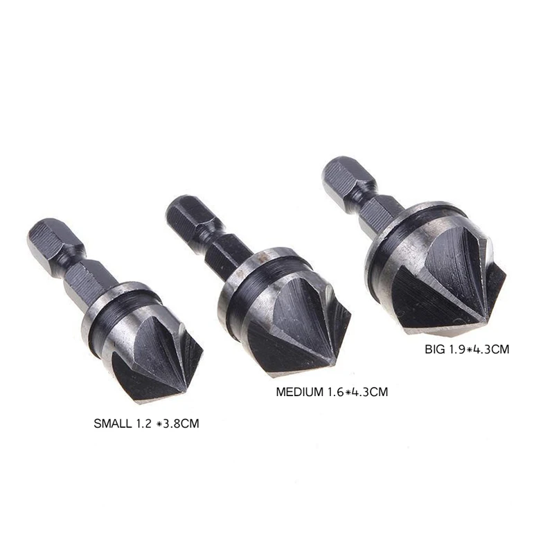 

3pcs Countersink Drill Bit 1/4 Inch Shank Countersink Bits 5 Flute 90 Degree Debur Countersink Center Punch for Wood Metal Tool