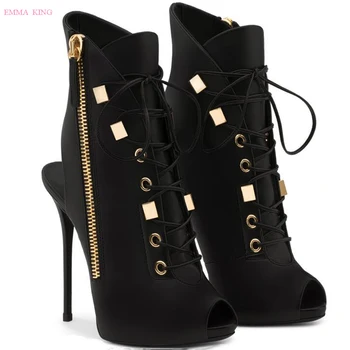 

Ankle Boots For Women High Quality Thin High Heels Gold Zip Peep Toe Stilettos Cross-strapped Botines Spring Autumn Shoes Woman