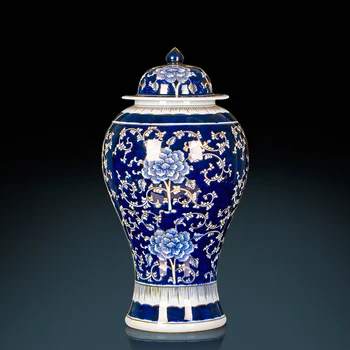 

Master Hand Painted Gold And Blue Porcelain temple jar Jingdezhen Ceramic Vase Decoration New Chinese Living Room Decoration