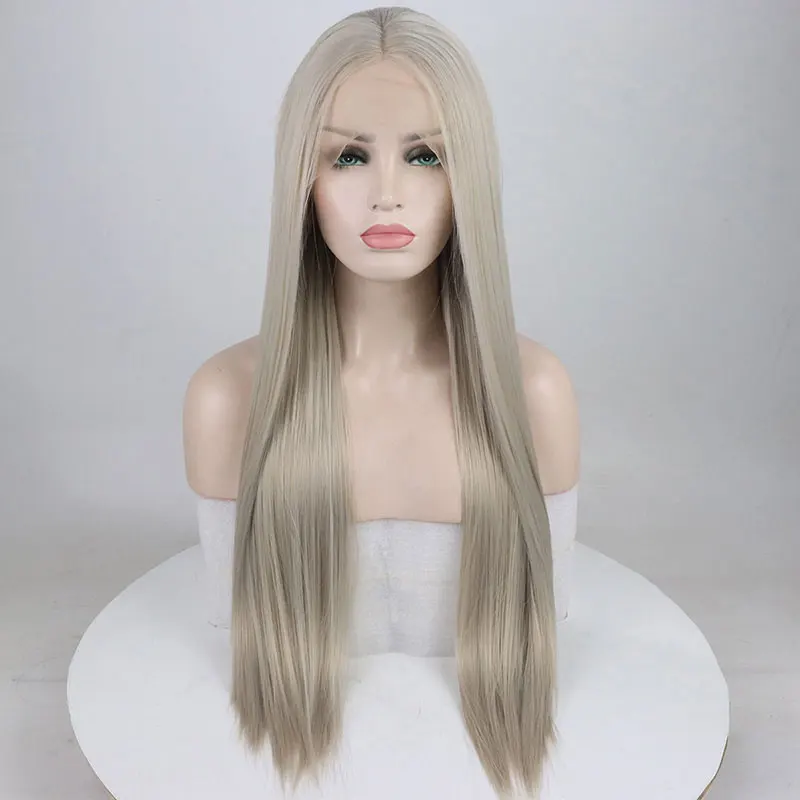 Bombshell Платиновый серебристый серый длинный прямой синтетический парик на кружеве термостойкие волокна волос средний пробор для белых женщин