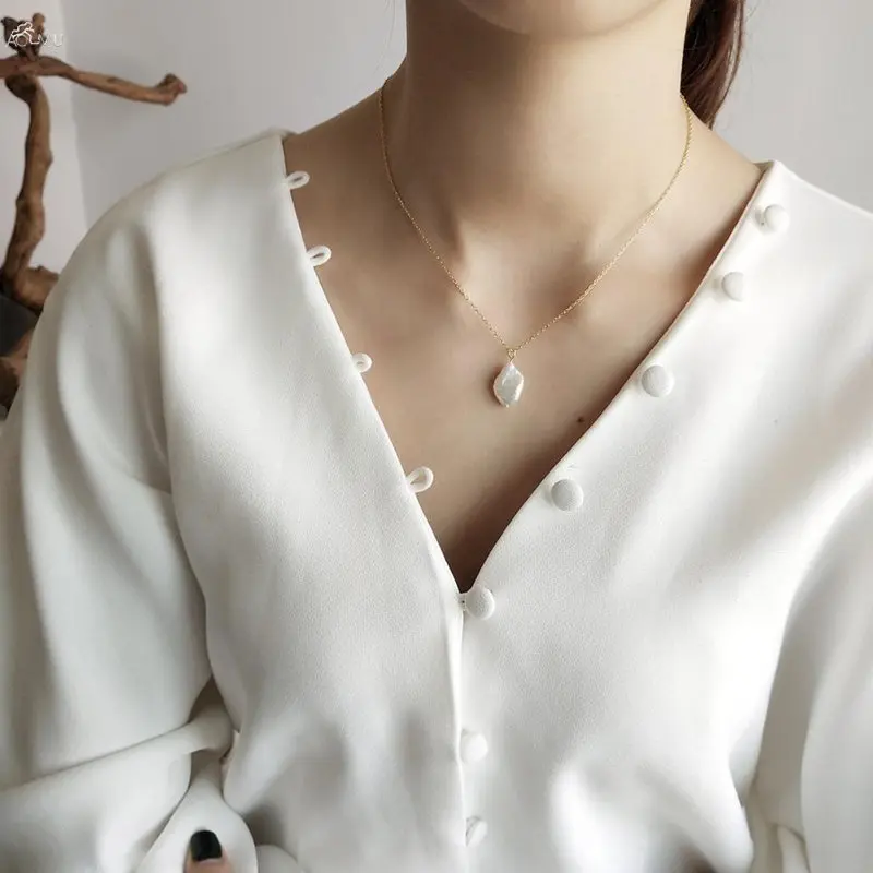

AOMU 925 Sterling Silver Baroque Pearl Pendants Necklace Simple Design Wild Elegant Charm Necklace For Women Fine Jewelry