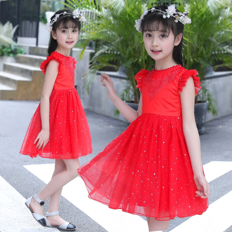 

4-10Years Baby Girls Sequins Star Dress Flower Ruched Chiffon Vestido Cloth Sleeveless for Princess Birthday Party Christening