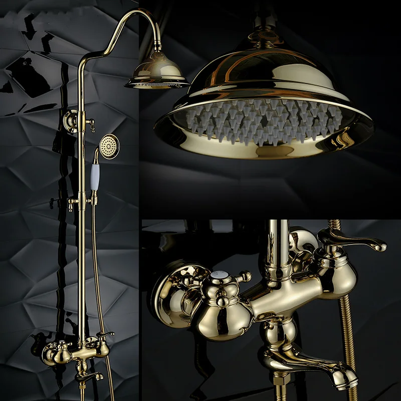 Gold Shower Faucet Sets Rotatable Lifting Type Polished Hot and Cold
