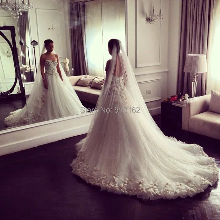 Luxurious Bridal Gown A-Line Strapless Court Train Afghan Bridal Chic Flowers Beading Tulle Long Wedding Dresses 2015 (1).jpg